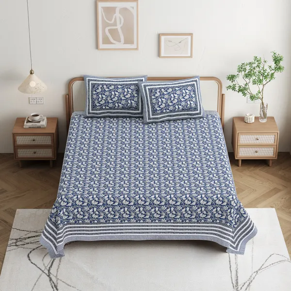 Dark_Blue_Floral_Cotton_Double_Bed_Sheet_With_Pillows