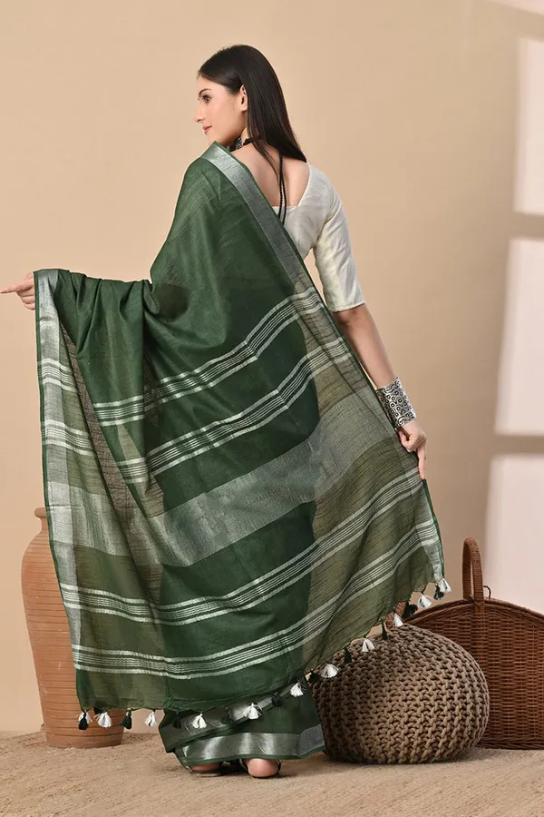 Bottle_Green_Pure_Linen_Saree_with_Silver_Zari_Stripes