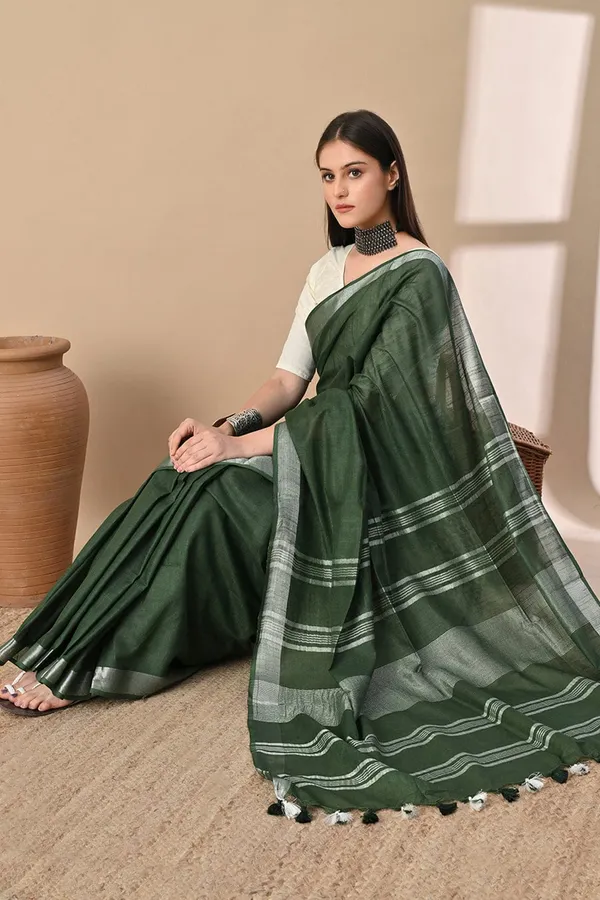Bottle_Green_Pure_Linen_Saree_with_Silver_Zari_Stripes