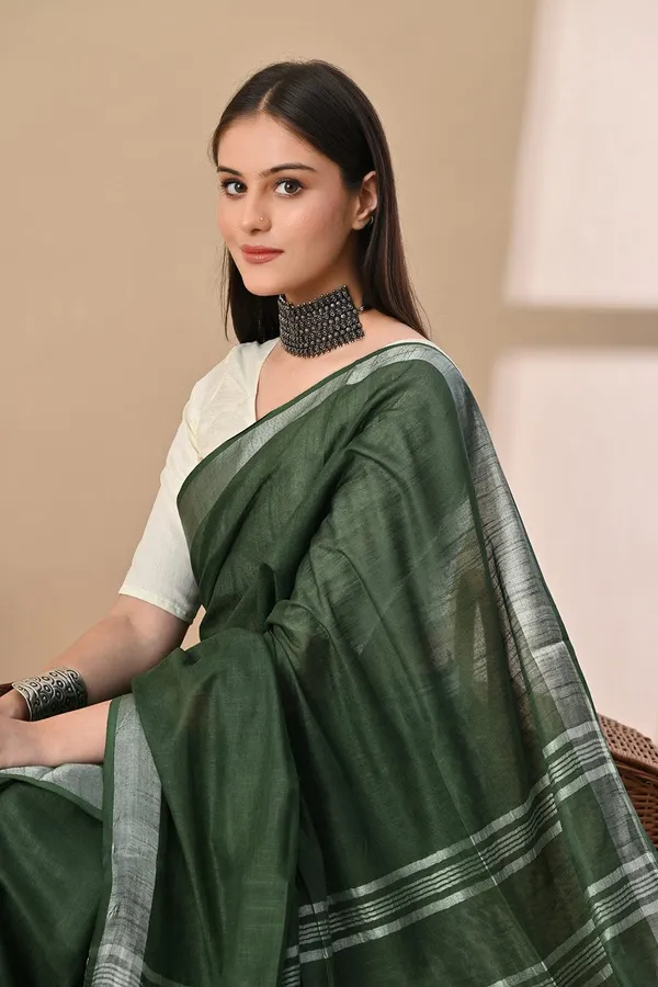 Bottle_Green_Pure_Linen_Saree_with_Silver_Zari_Stripes