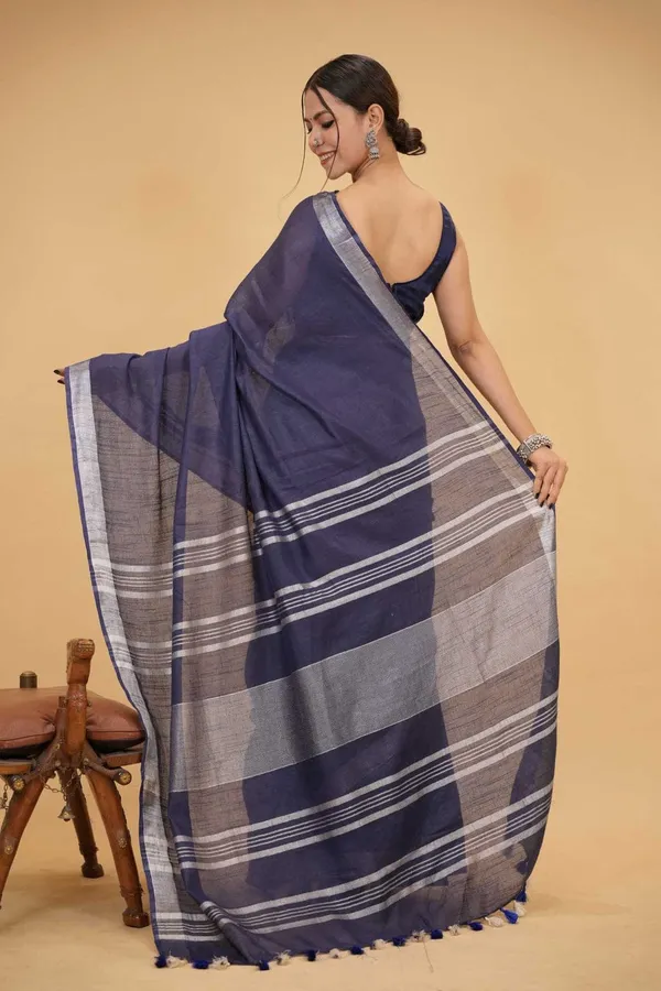 Midnight_Blue_Pure_Linen_Saree_with_Silver_Zari_Stripes