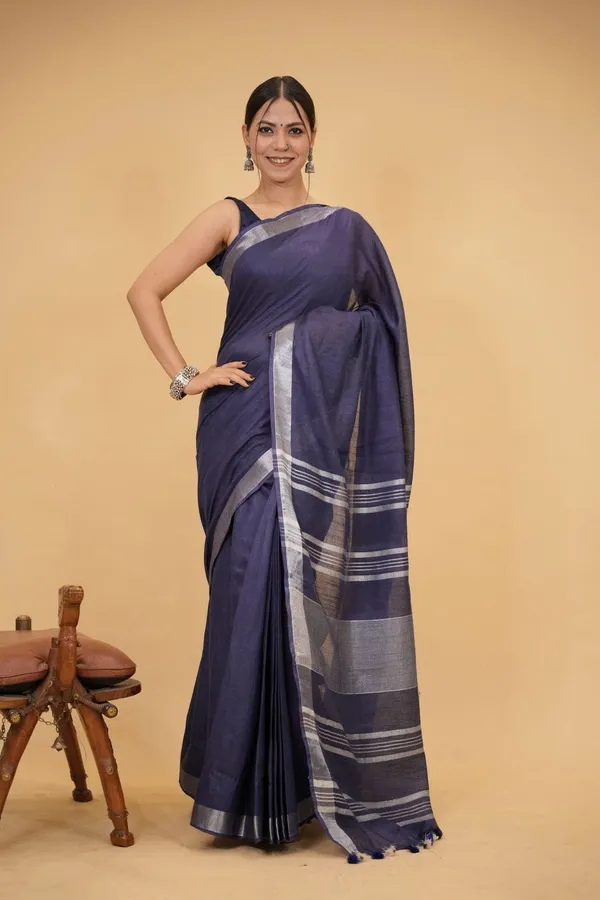 Midnight_Blue_Pure_Linen_Saree_with_Silver_Zari_Stripes