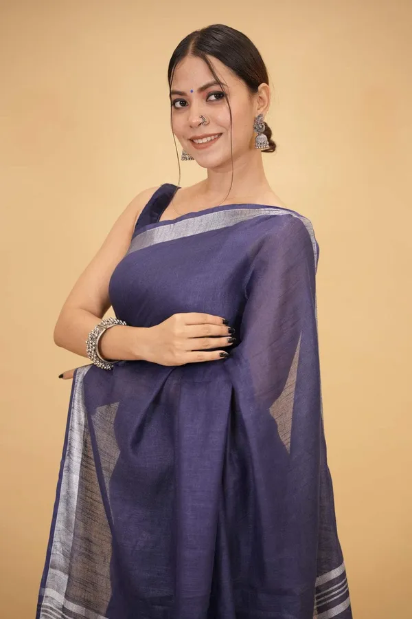 Midnight_Blue_Pure_Linen_Saree_with_Silver_Zari_Stripes