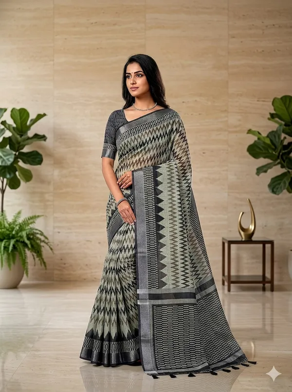 Monochrome_Zigzag_Pure_Soft_Linen_Saree_with_Silver_Zari_Border_&_Geometric_Chevron_Weave