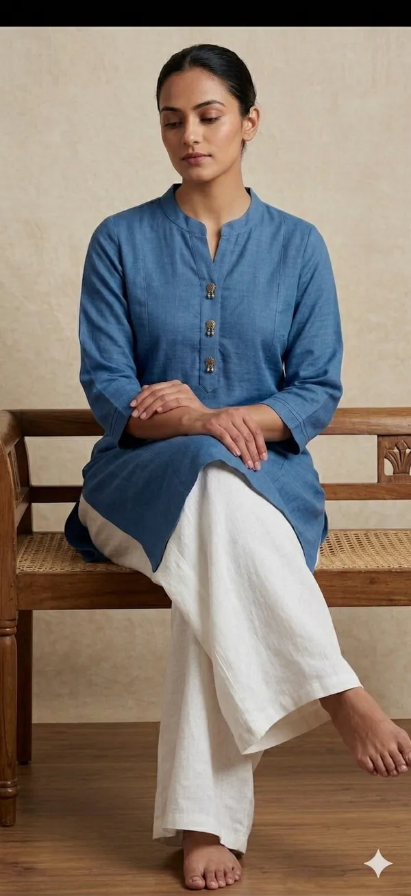 Neel_Aabha_Khadi_Kurti_Pure_Soft_Cotton_Khadi_Straight_Kurti_|_Minimal_Office_Wear_Kurti_|_Handloom_Style_Ethnic_Kurta