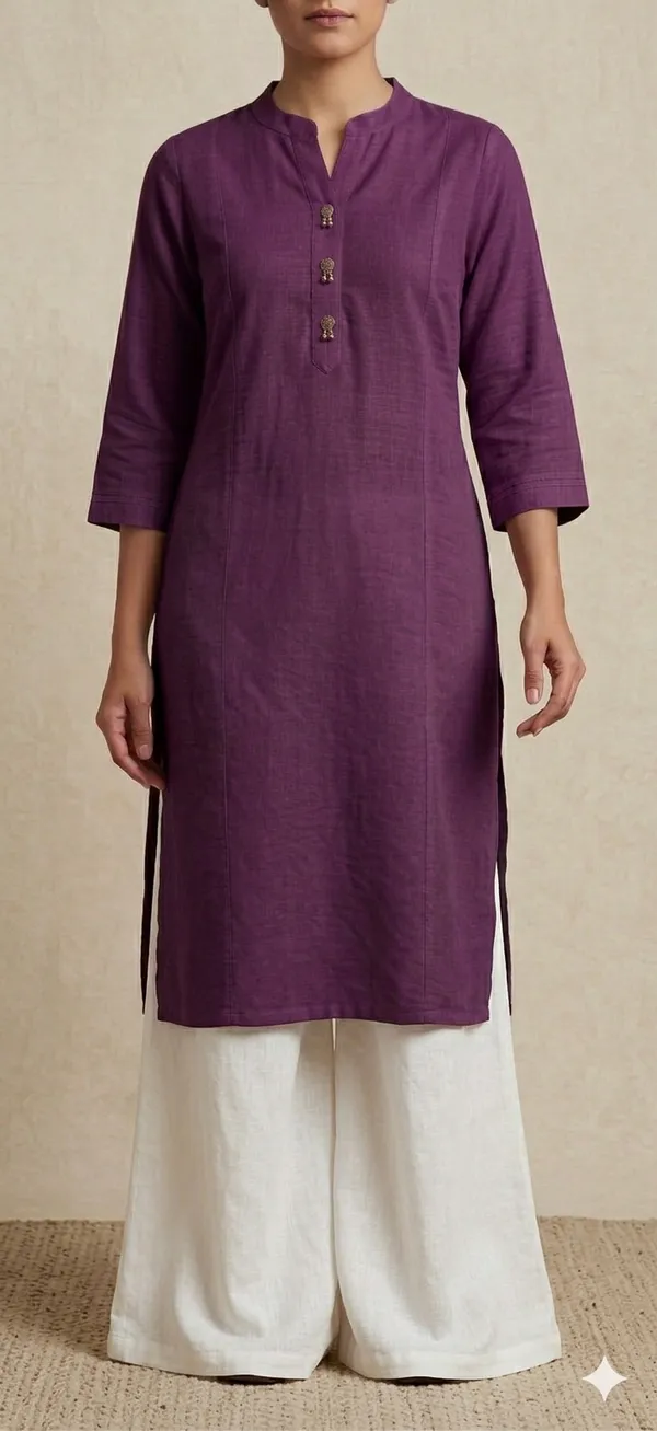 Rajwada_Plum_Khadi_Kurti_Pure_Soft_Cotton_Khadi_Straight_Kurti_|_Minimal_Ethnic_Office_Wear_Kurti_|_Handloom_Style_Casual_Kurti