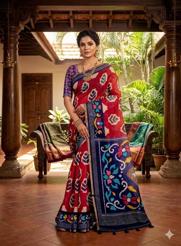 Scarlet_Bloom_Pure_Soft_Linen_Saree_with_Multicolor_Floral_Pallu_&_Ikat_Motifs