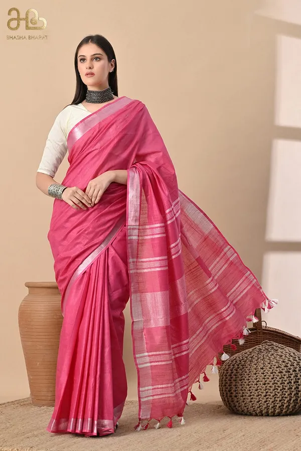 Solid_Pink_with_Silver_Zari_Border_&_Tassels_Linen_Cotton