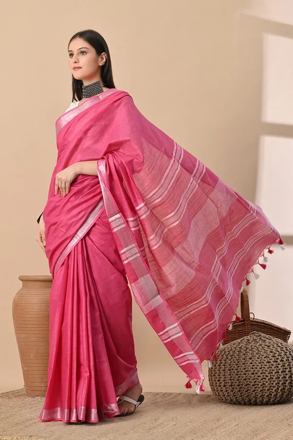Solid_Pink_with_Silver_Zari_Border_&_Tassels_Linen_Cotton