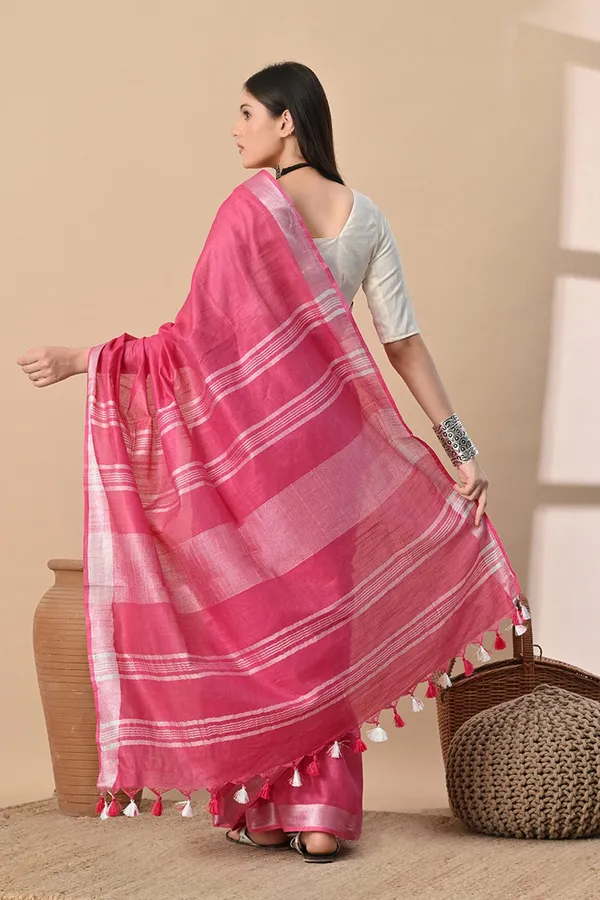 Solid_Pink_with_Silver_Zari_Border_&_Tassels_Linen_Cotton