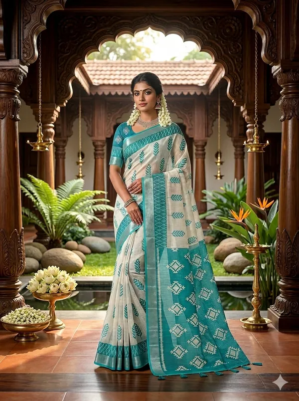 Teal_Bloom_Pure_Soft_Linen_Saree_with_Geometric_Zari_Border