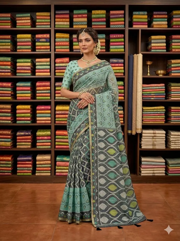Teal_Mist_Geometric_Pure_Soft_Linen_Saree