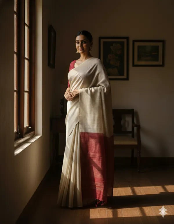 Cream_Tussar_Ghicha_Silk_Premium_&_Elegant_Saree_For_Women_(With_Blouse_Piece)