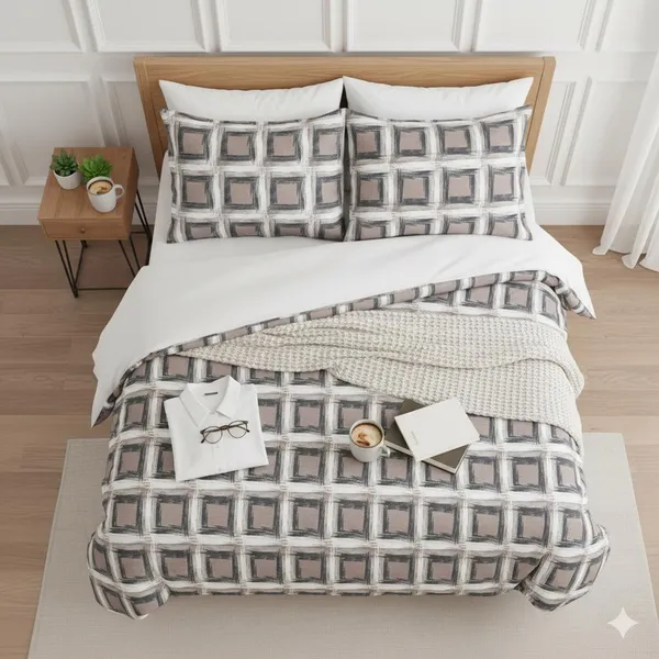 Beige_&_Grey_Square_Check_Pattern_Cotton_Double_Bedsheet_With_Pillow_Cover