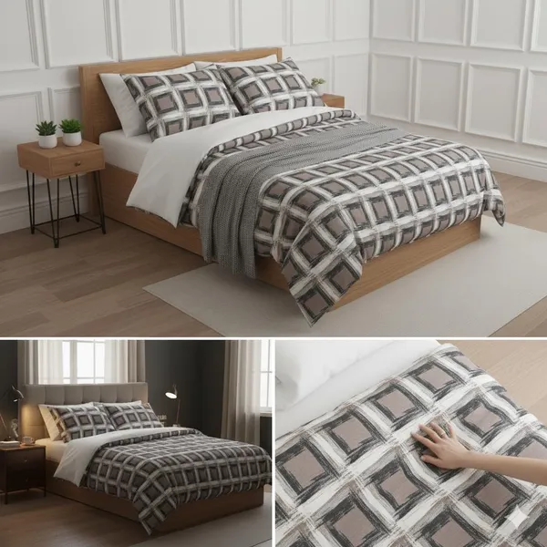 Beige_&_Grey_Square_Check_Pattern_Cotton_Double_Bedsheet_With_Pillow_Cover