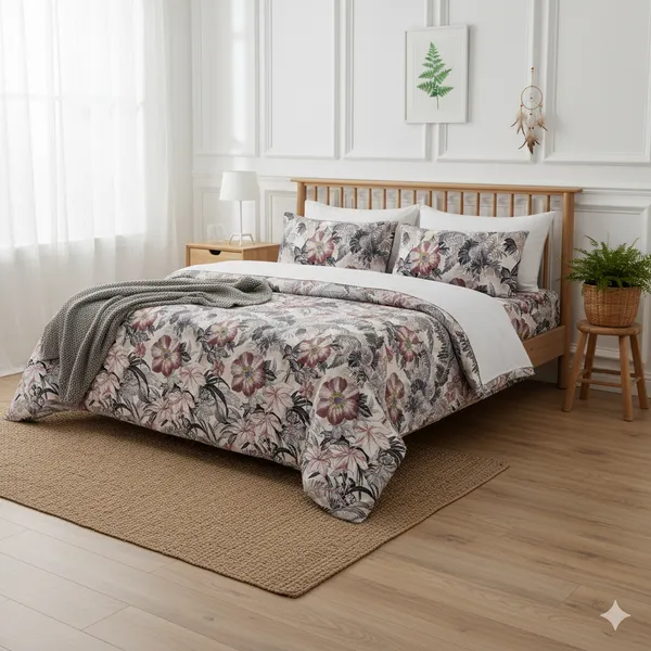 Beige_&_Grey_Floral_Pattern_Cotton_Double_Bedsheet_With_Pillow_Cover