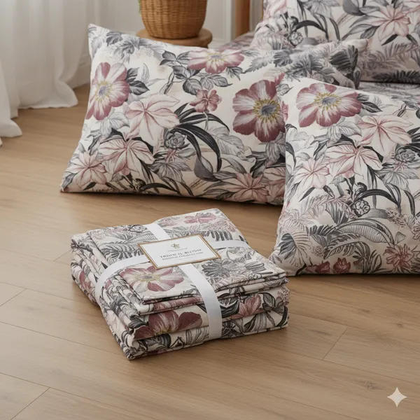 Beige_&_Grey_Floral_Pattern_Cotton_Double_Bedsheet_With_Pillow_Cover