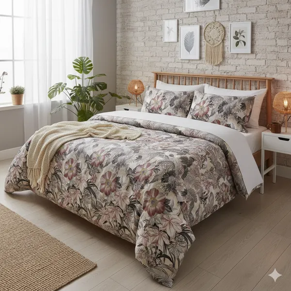 Beige_&_Grey_Floral_Pattern_Cotton_Double_Bedsheet_With_Pillow_Cover