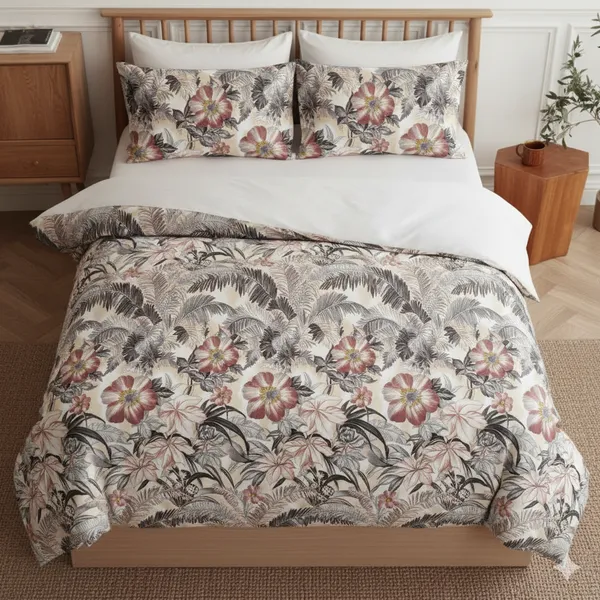 Beige_&_Grey_Floral_Pattern_Cotton_Double_Bedsheet_With_Pillow_Cover