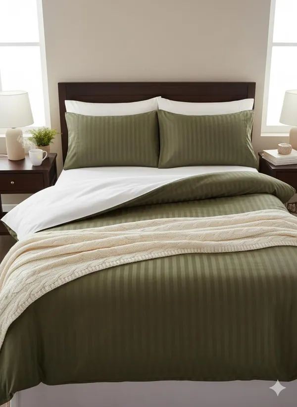 Olive_Green_Plain_Striped_Cotton_Double_Bedsheet_With_Pillow_Cover