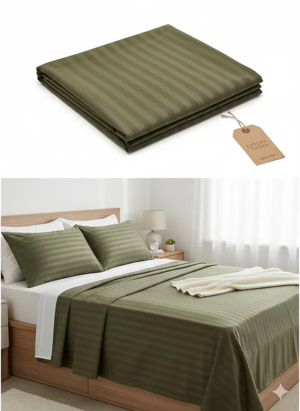 Olive_Green_Plain_Striped_Cotton_Double_Bedsheet_With_Pillow_Cover