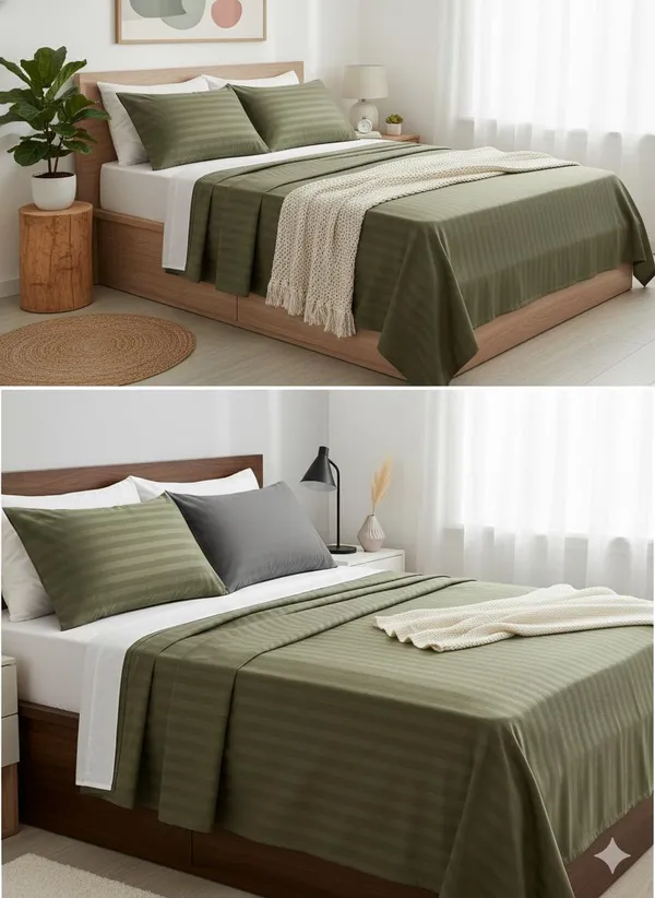 Olive_Green_Plain_Striped_Cotton_Double_Bedsheet_With_Pillow_Cover
