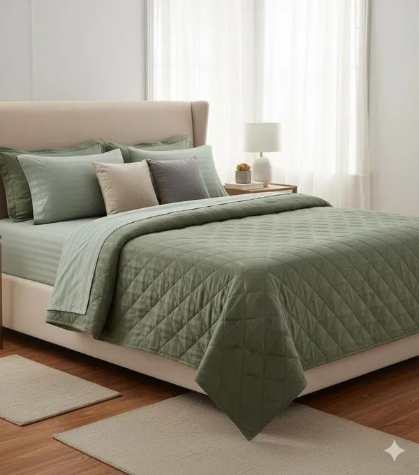 Light_Green_Plain_Striped_Cotton_Double_Bedsheet_With_Pillow_Cover