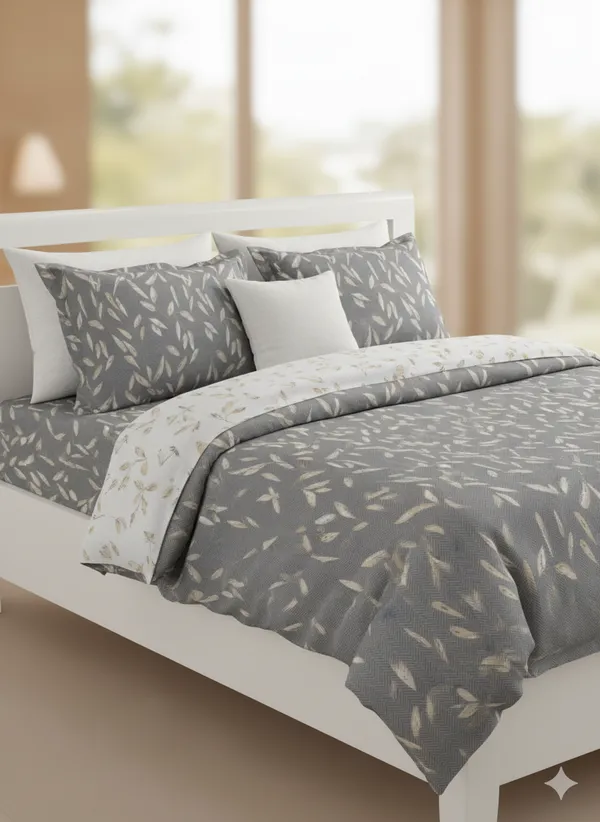 Grey_Leaves_Pattern_Cotton_Double_Bedsheet_With_Pillow_Cover
