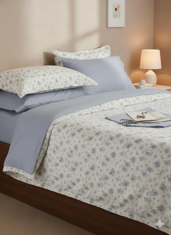 Light_Blue_Tiny_Floral_(Blue)_Cotton_Double_Bedsheet_With_Pillow_Cover