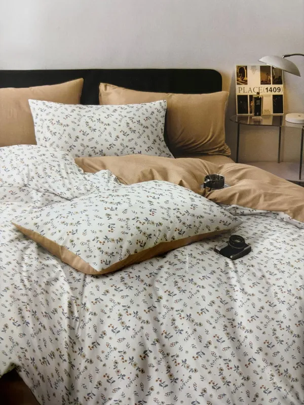 Light_Brown_Tiny_Floral_(Beige)_Cotton_Double_Bedsheet_With_Pillow_Cover