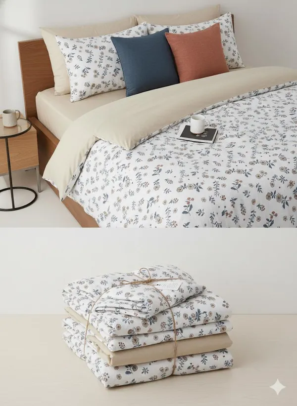 Light_Brown_Tiny_Floral_(Beige)_Cotton_Double_Bedsheet_With_Pillow_Cover