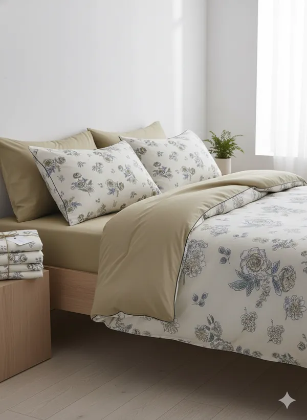 Cream_&_White_Small_Floral_Pattern_Cotton_Double_Bedsheet_With_Pillow_Cover