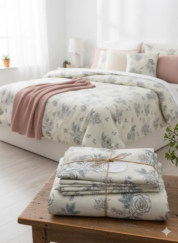 Cream_&_White_Small_Floral_Pattern_Cotton_Double_Bedsheet_With_Pillow_Cover