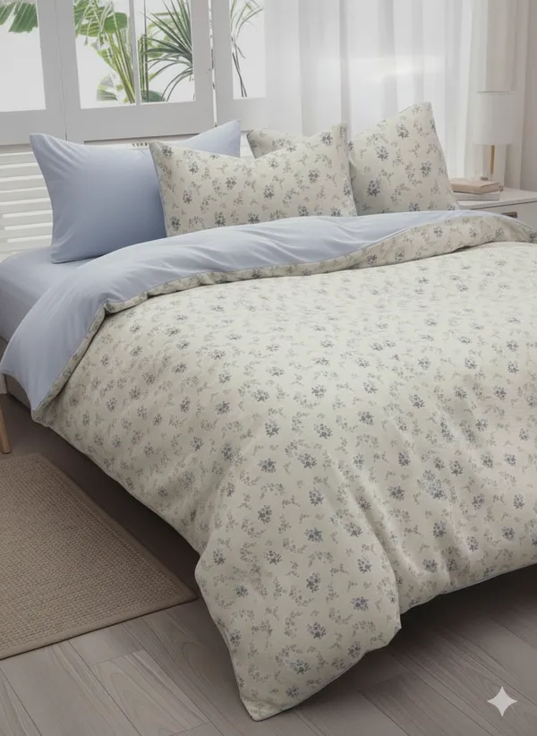 Light_Blue_Tiny_Floral_Cotton_Double_Bedsheet_With_Pillow_Cover