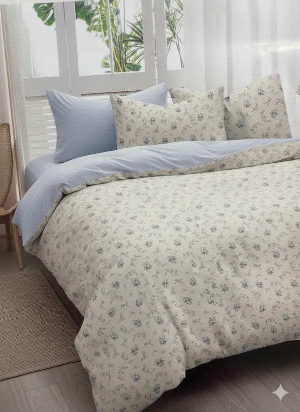 Light_Blue_Tiny_Floral_Cotton_Double_Bedsheet_With_Pillow_Cover