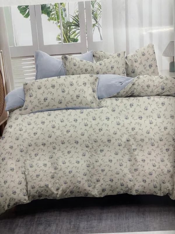 Light_Blue_Tiny_Floral_Cotton_Double_Bedsheet_With_Pillow_Cover