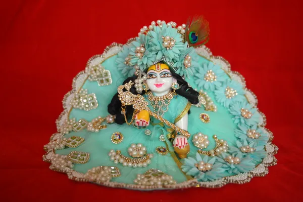 Sea_Green__Dust_Marbel_Laddu_Gopal_With_Poshak_And_Shringar_Handmade_|_Embroidered