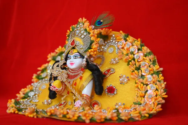 Yellow__Dust_Marbel_Laddu_Gopal_With_Poshak_And_Shringar_Handmade_|_Embroidered