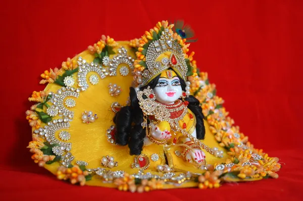 Yellow__Dust_Marbel_Laddu_Gopal_With_Poshak_And_Shringar_Handmade_|_Embroidered