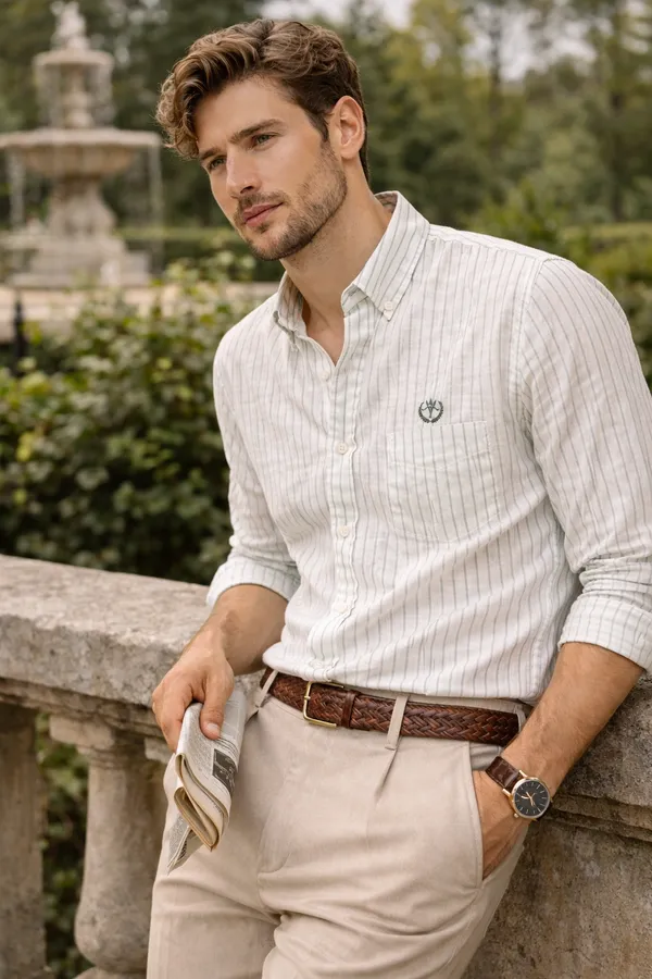 Off_White_Green_Stripe_Cotton_Linen_Regular_Fit_Shirt_For_Men