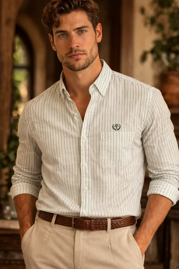 Off_White_Green_Stripe_Cotton_Linen_Regular_Fit_Shirt_For_Men