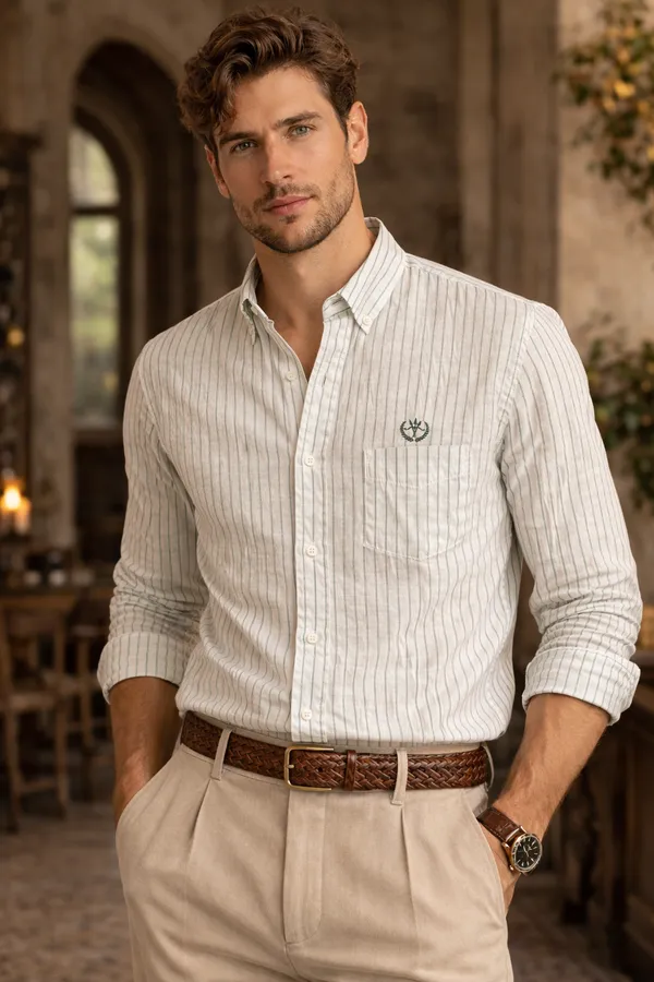 Off_White_Green_Stripe_Cotton_Linen_Regular_Fit_Shirt_For_Men