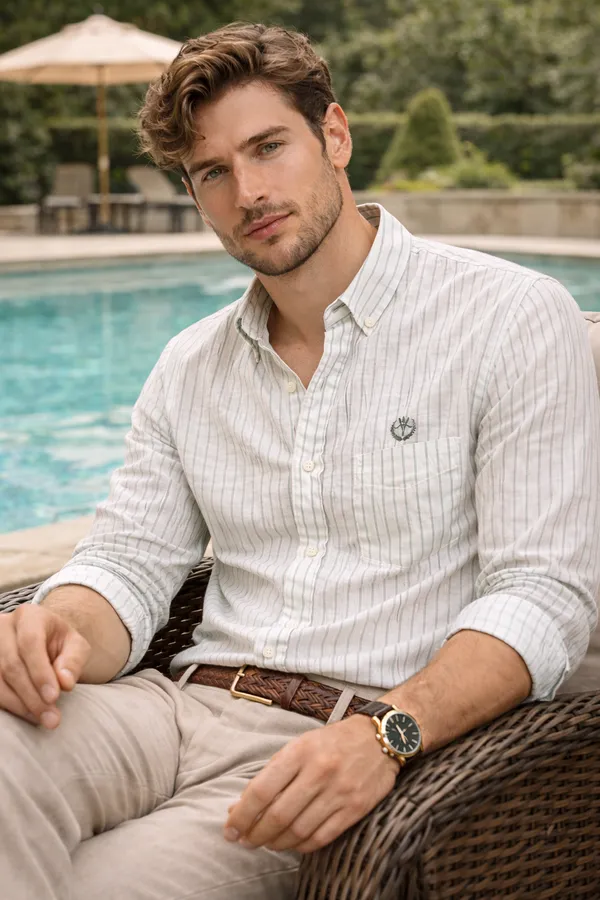 Off_White_Green_Stripe_Cotton_Linen_Regular_Fit_Shirt_For_Men