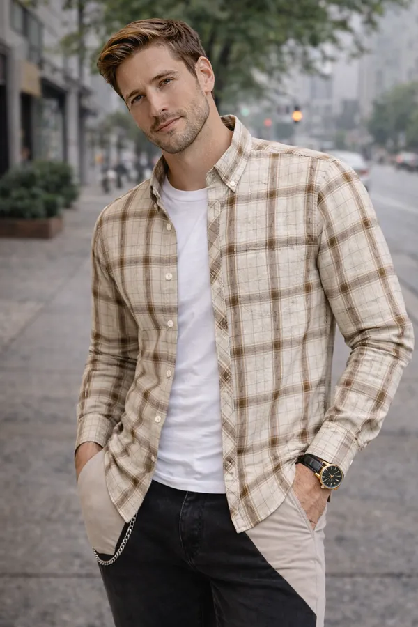 Beige_Brown_Check_Cotton_Linen_Regular_Fit_Shirt_For_Men