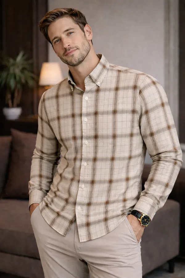 Beige_Brown_Check_Cotton_Linen_Regular_Fit_Shirt_For_Men