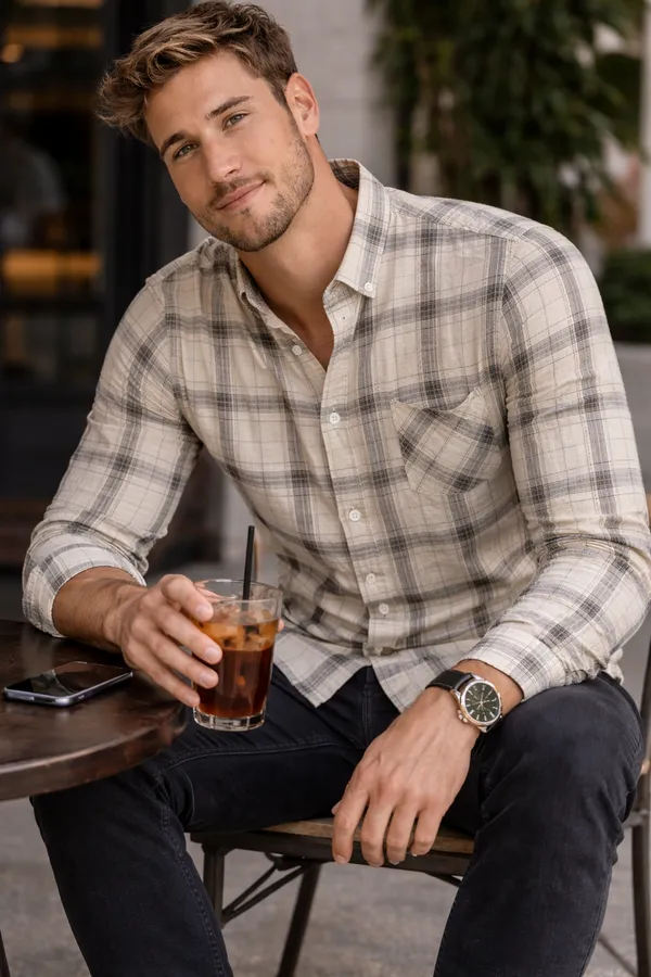 Beige_Brown_Check_Cotton_Linen_Regular_Fit_Shirt_For_Men