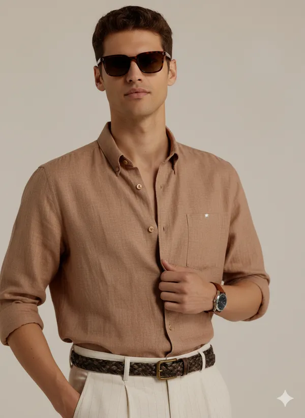 Brown_Cotton_Linen_Regular_Fit_Shirt_For_Men
