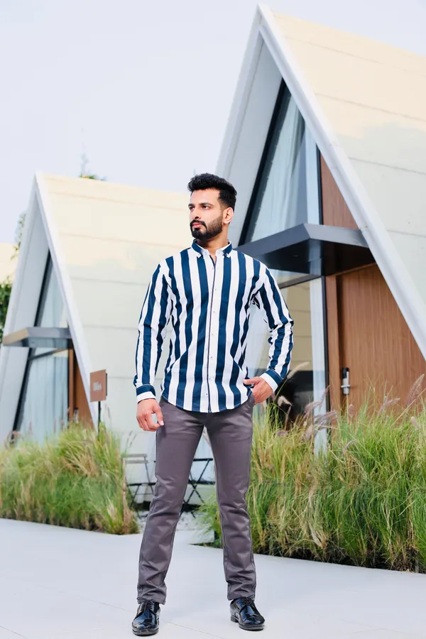 White_&_Navy_Cotton_Slim_Fit_Shirt_For_Men