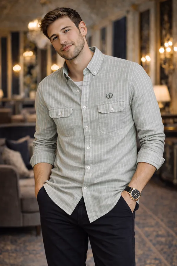 Sage_Green_Stripe_Cotton_Linen_Regular_Fit_Shirt_For_Men