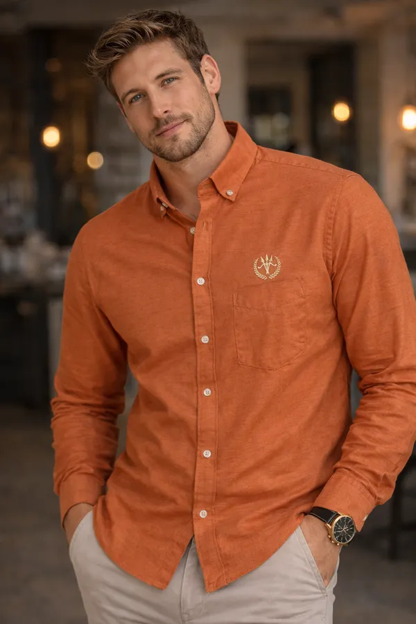 Rust_Orange_Cotton_Linen_Regular_Fit_Shirt_For_Men